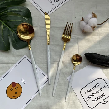 

4Pcst White Gold Cutlery Set Stainless Steel Dinnerware Silverware Flatware Set Dinner Table Knife Fork Tea Ice Spoon Party