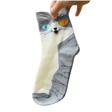 Женские носки, зимние полосатые носки для скейтборда с мультяшным котом, удобные женские носки из хлопка, милые носки для девочек серого цвета