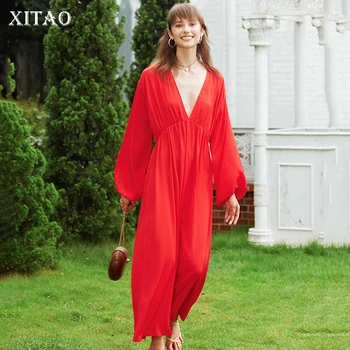 

XITAO Vintage V Neck Puff Sleeve Long Dress Elegant Slim Long Sleeve Red Sucking Sexy Dress Women Clothes 2019 Autumn WQR1815