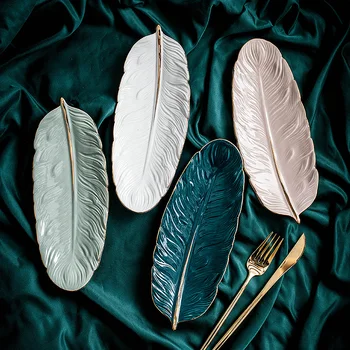 

10inch Ceramic Feather Shape Plate Gold Porcelain Dessert Jewelry Plates Dish Dinnerware Sushi Tableware Storage Tray