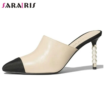 

SARAIRIS Summer Concise Patchwork Pumps Women High Heels slip-on Mules Ladies Brand Genuine Leather Dress Shoes