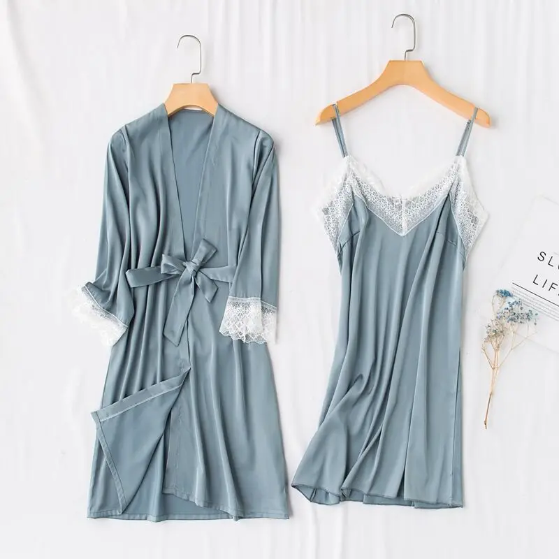 Sexy Womens Robe & Gown Sets Lace Bathrobe + Nightdress 2 Two Pieces Sleepwear Womens Sleep Set Faux Silk Robe Femme Lingerie