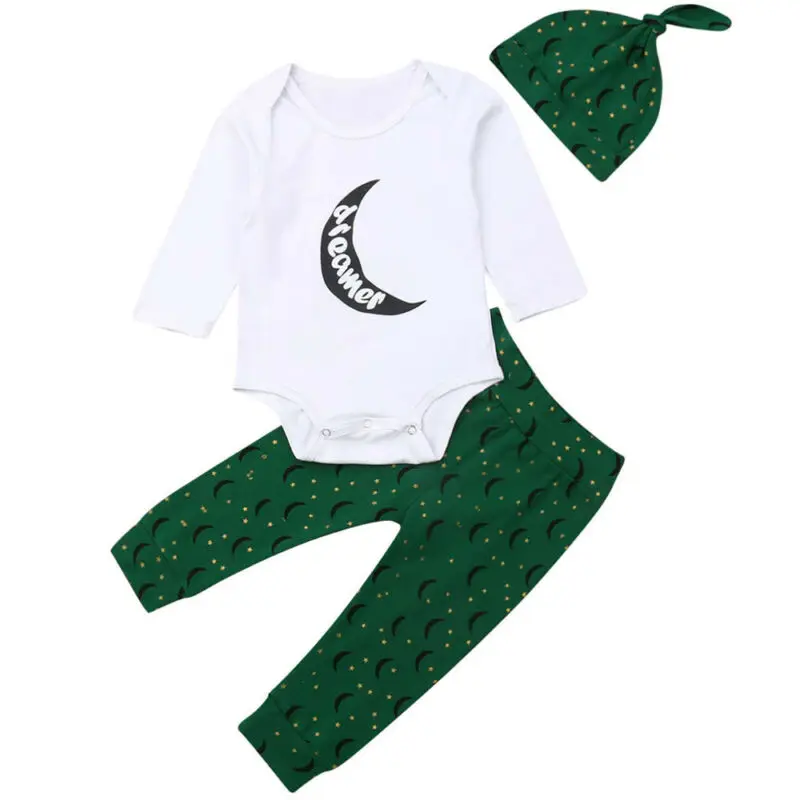 2019 Newborn Infant Baby Boy Romper+Pants+Hat Leggings 3pcs Outfits Set Clothes Green Print Pants cotton soft |