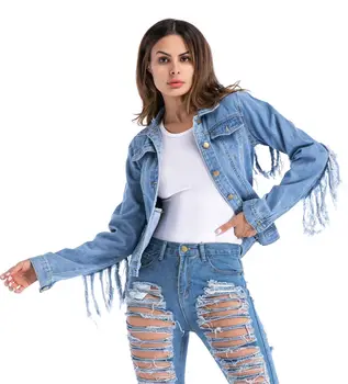 

Back Tassel Large Size Denim Jacket Women Tops Pockets Single Breasted Long Sleeve Short Jeans Coat Woman Outerwear TA6368