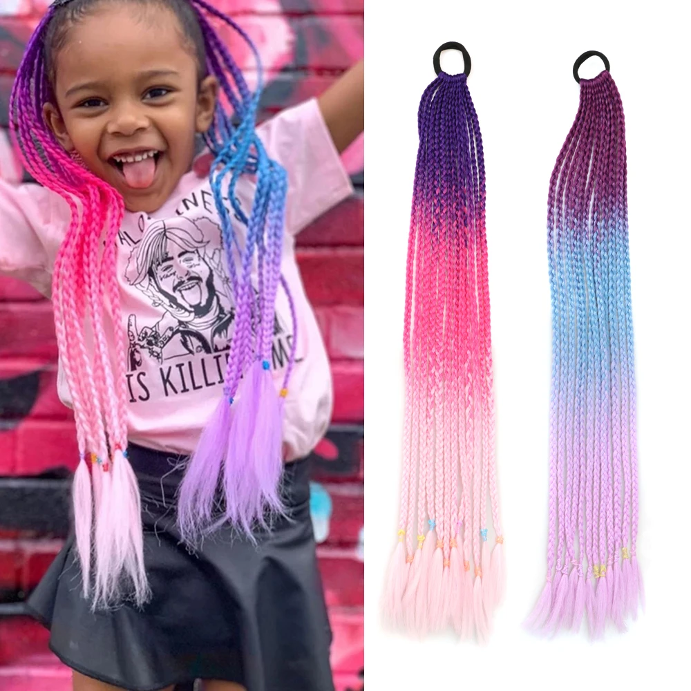 Synthetic Ponytail Hair Extensions False Overhead Tail with Rubber Elastic Band Braiding Ombre Rainbow Color Hairpiece Pigtail