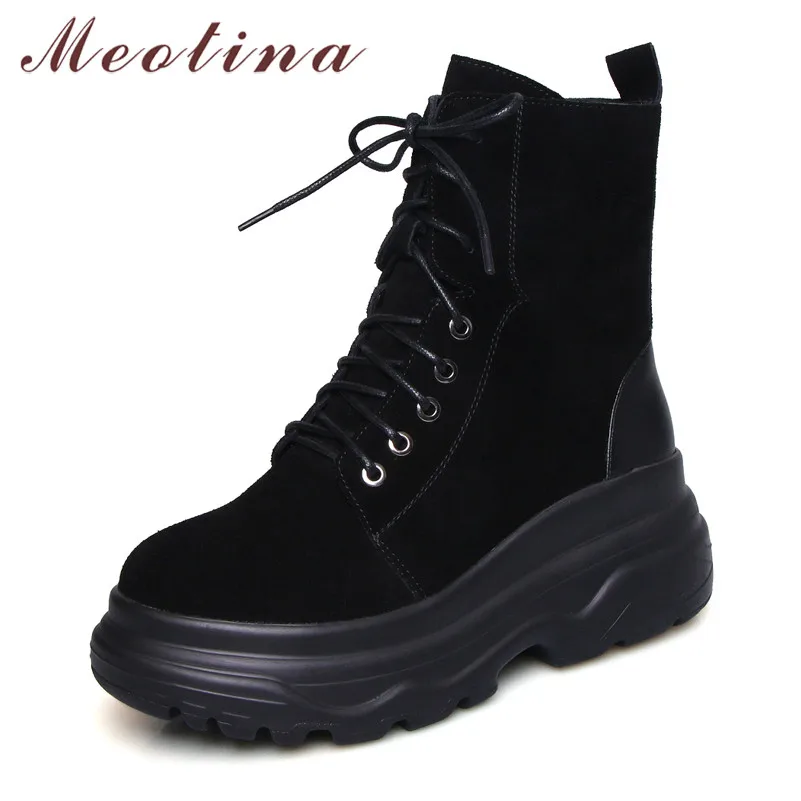 

Meotina Winter Ankle Boots Women Cow Suede Flat Platform Short Boots Real Leather Zipper Round Toe Short Shoes Lady Fall Size 39