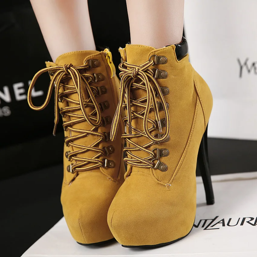 Популярные женские ботильоны в европейском и американском стиле; женские ботинки на очень высоком каблуке с перекрестными ремешками; ботинки на высокой шпильке - Цвет: Цвет: желтый