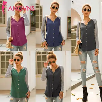 

Women Fashion V Neck Long Sleeve Stripes Causal Spring, Autumn, Winter Patchwork Button T-Shirt