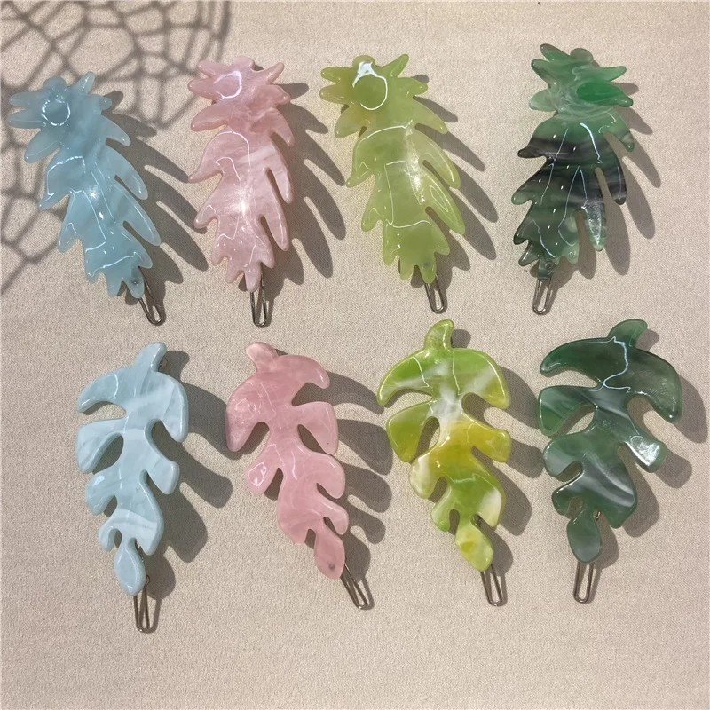 Spring New Leaves Hair Clip Acetate Acrylic Barrette Korean Hair Accessories Geometric Plain Color Hair Pins for Women Headwear 50pcs heart shape 12mm 14mm mixed spring colors acrylic plastic loose beads for jewelry making diy crafts findings