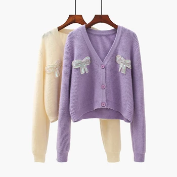 

solid bow knitted sweater cardigan 2020 winter new long-sleeved casual all match female outwear coat tops
