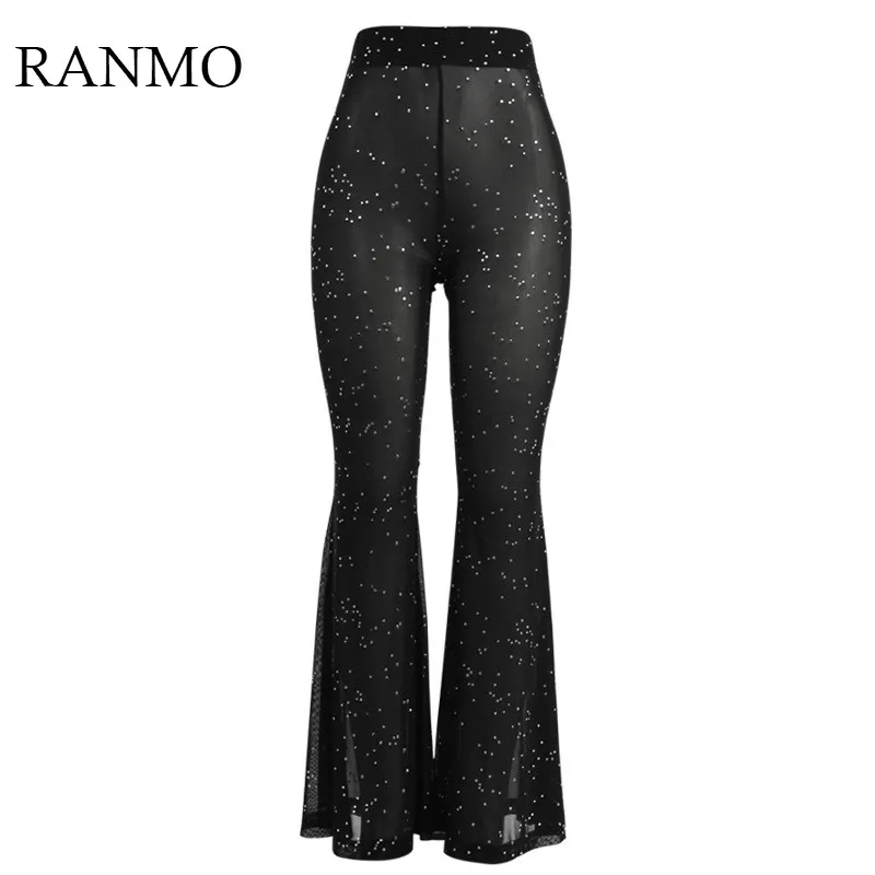 RANMO 2020 New Crystal Diamond Mesh Pants Women Sexy Summer Hollow Out Transparent Loose Long Fishnet BeachWear Trousers | Женская