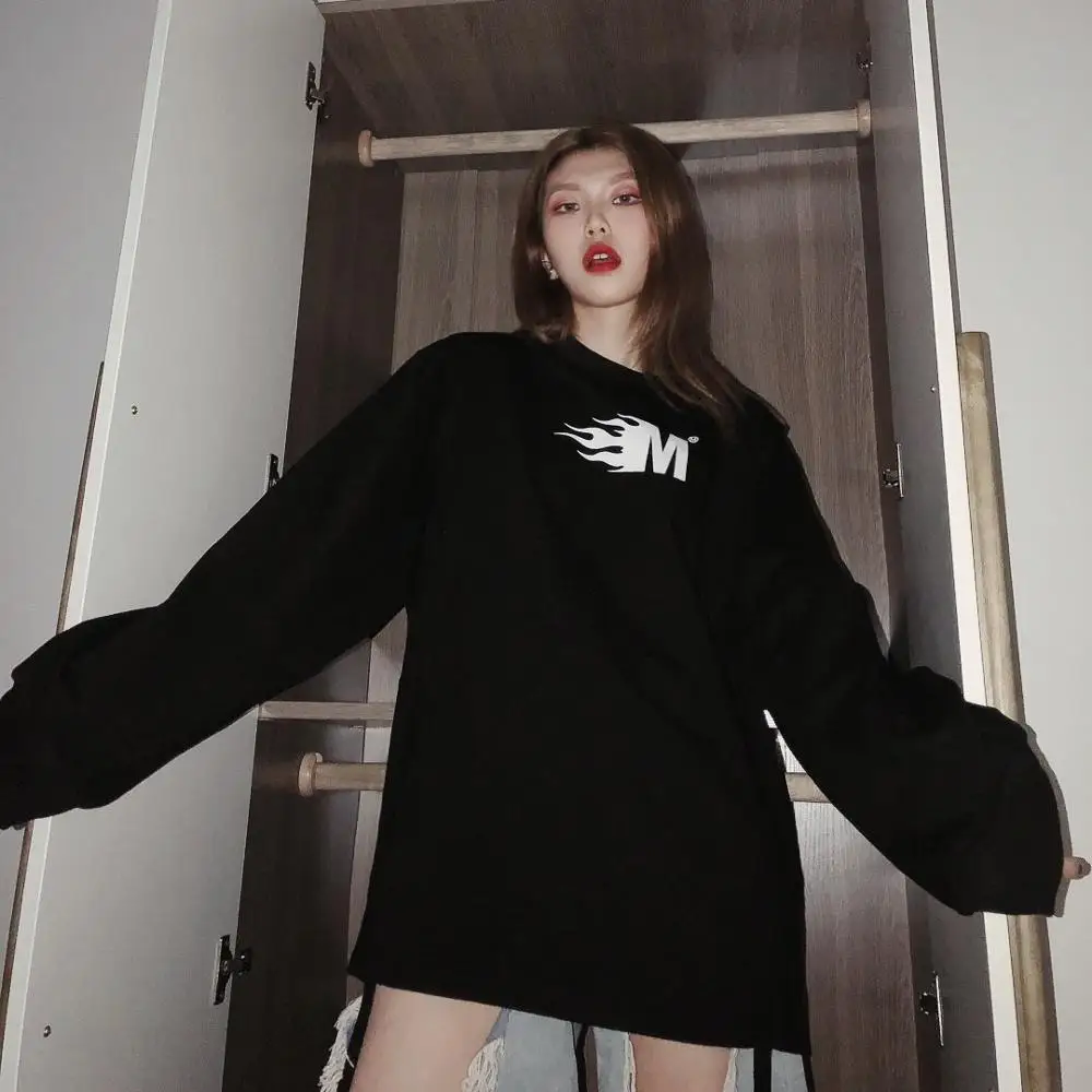 

Self-made Street Tide Brand New Type Drawstring Guard Women's hoodies Loose Round-collar and Long-sleeved sweatshirt Top