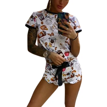 

Women's Pajamas Summer Fashion O Neck Sleeping Tops and Shorts Lace Up White Pijama Print Casual Home Sleepwear Clothing