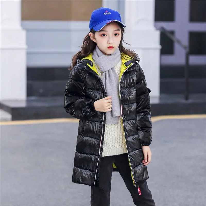 

10 to 12 years Girls Winter Jackets Cotton-padded Thicken Warmly Long Parkas Black Silver Fashion Outfit