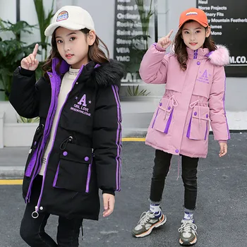 

Girls Winter Jacket Fur Collar Hooded Children Kids Long Thick Warm Parka Coats Toddler Girl Snowsuit Clothes 6 8 10 12 14 Years