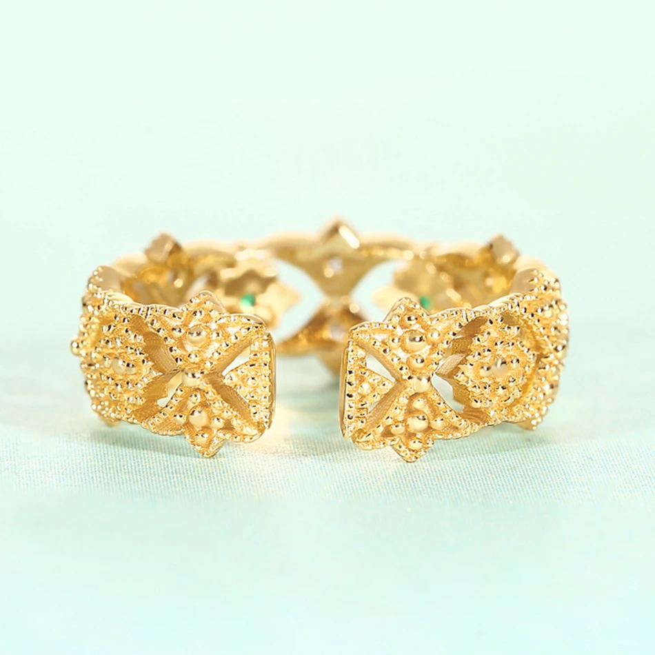 ALLNOEL 925 Sterling Silver Ring Vintage Emerald White Zircon Real Gold-plated Openwork Vingtage Design Wedding Engagement Ring