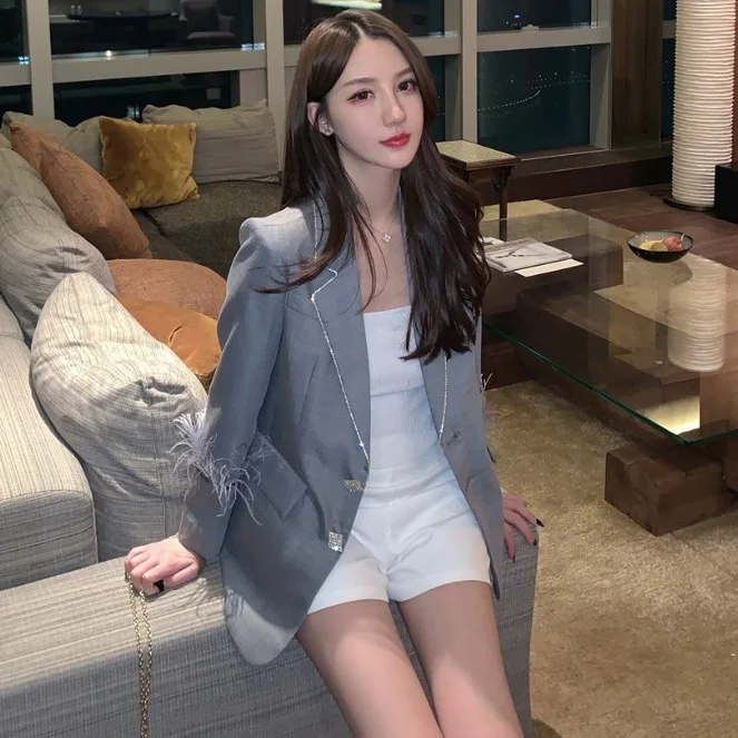 

Fox Mrs. Autumn Hong Kong Flavor Suit Feather Tassels Diamond Buckle Slim Fit Long Sleeve Slimming Suit Jacket Tops WOMEN'S Dres