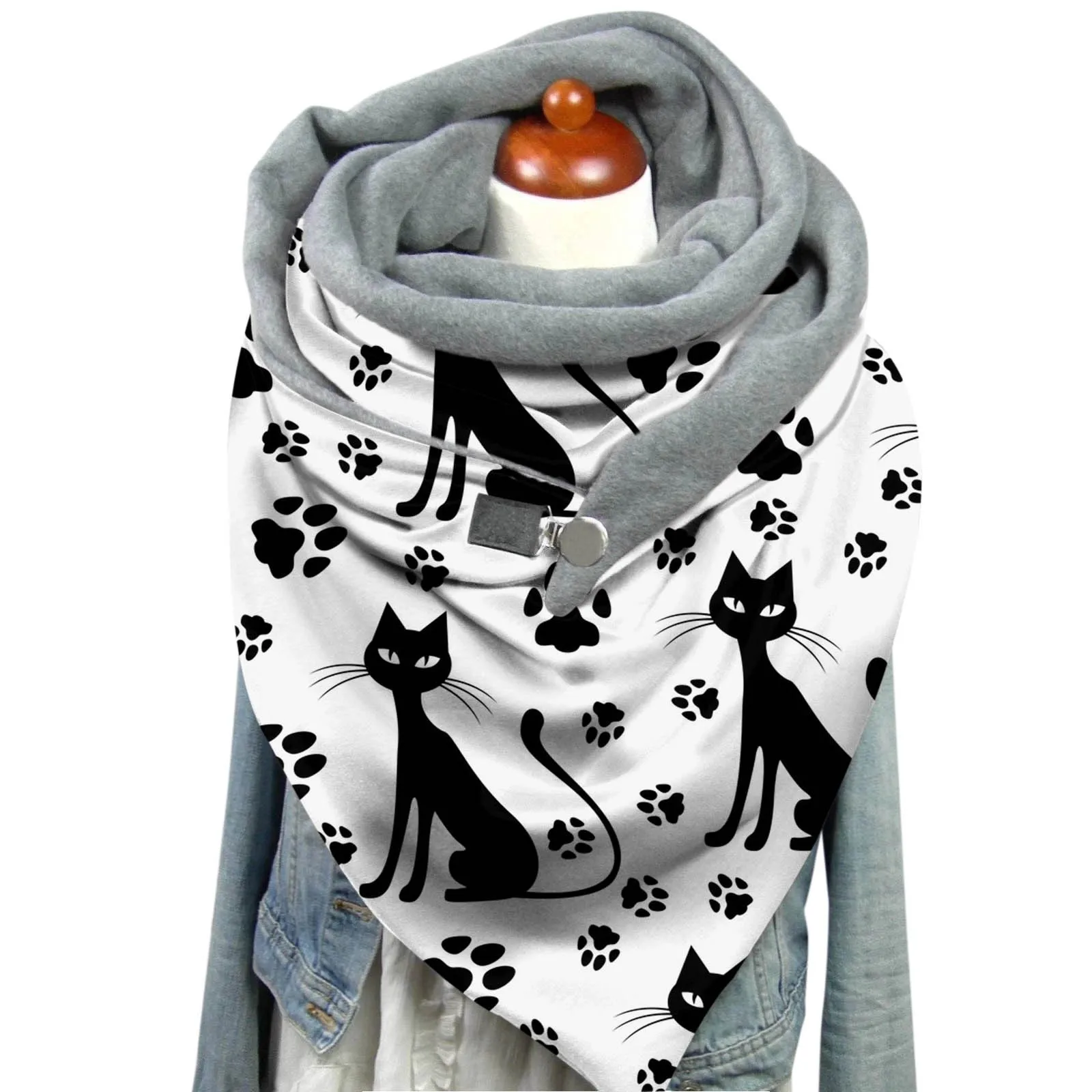 Women Cat Print Scarf Hijabs Retro Button Multi-Purpose Shawl 80cm-100cm Winter