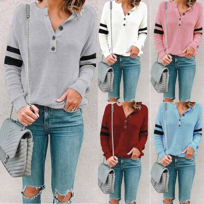 

2019 Autumn And Winter Casual Best Selling European And American Women's Stitching Round Neck Button T-shirt Top