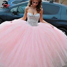 Розовое милое длинное бальное платье с блестками и хрустальным тюлем 16 вечерние платья vestidos de quinceaneras