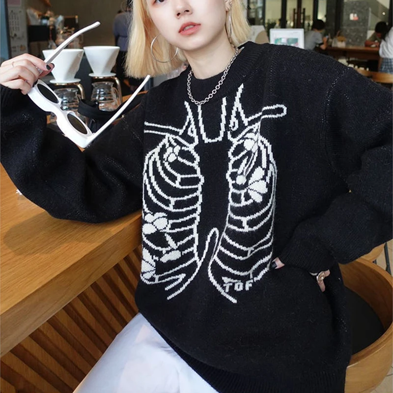 E-girl Skeleton Print Knitted Sweater Vintage Dark Academia Pullovers Y2K  Harajuku Grunge Long Sleeve Jumpers Emo Alt Streetwear | idusem.idu.edu.tr