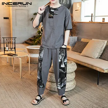 

INCERUN Vintage Chinese Style Men Sets Printed Short Sleeve O Neck Shirt Loose Elastic Waist Casual Pants Men Sets 2 Pieces 2020