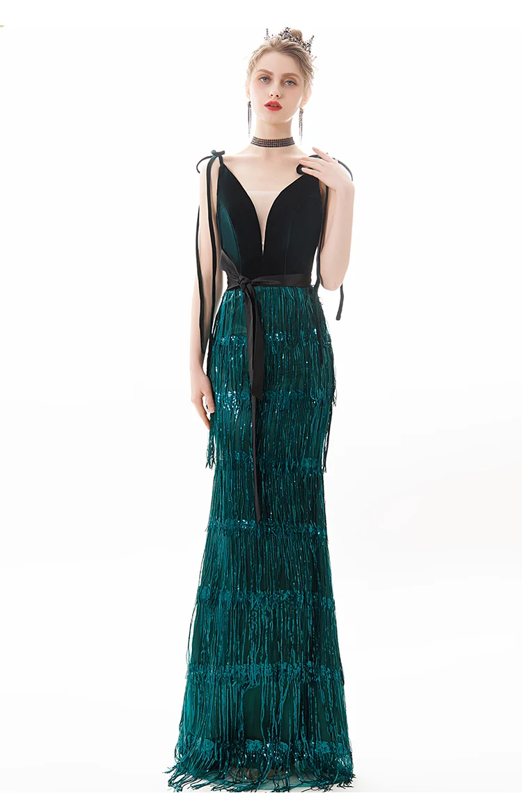 evening wear dresses wei yin AE0380 Long Evening Dress Green Sequins Tassel Fashion Spaghetti Strap Party Gowns Formal Zipper Long Prom Dresses blue ball gown