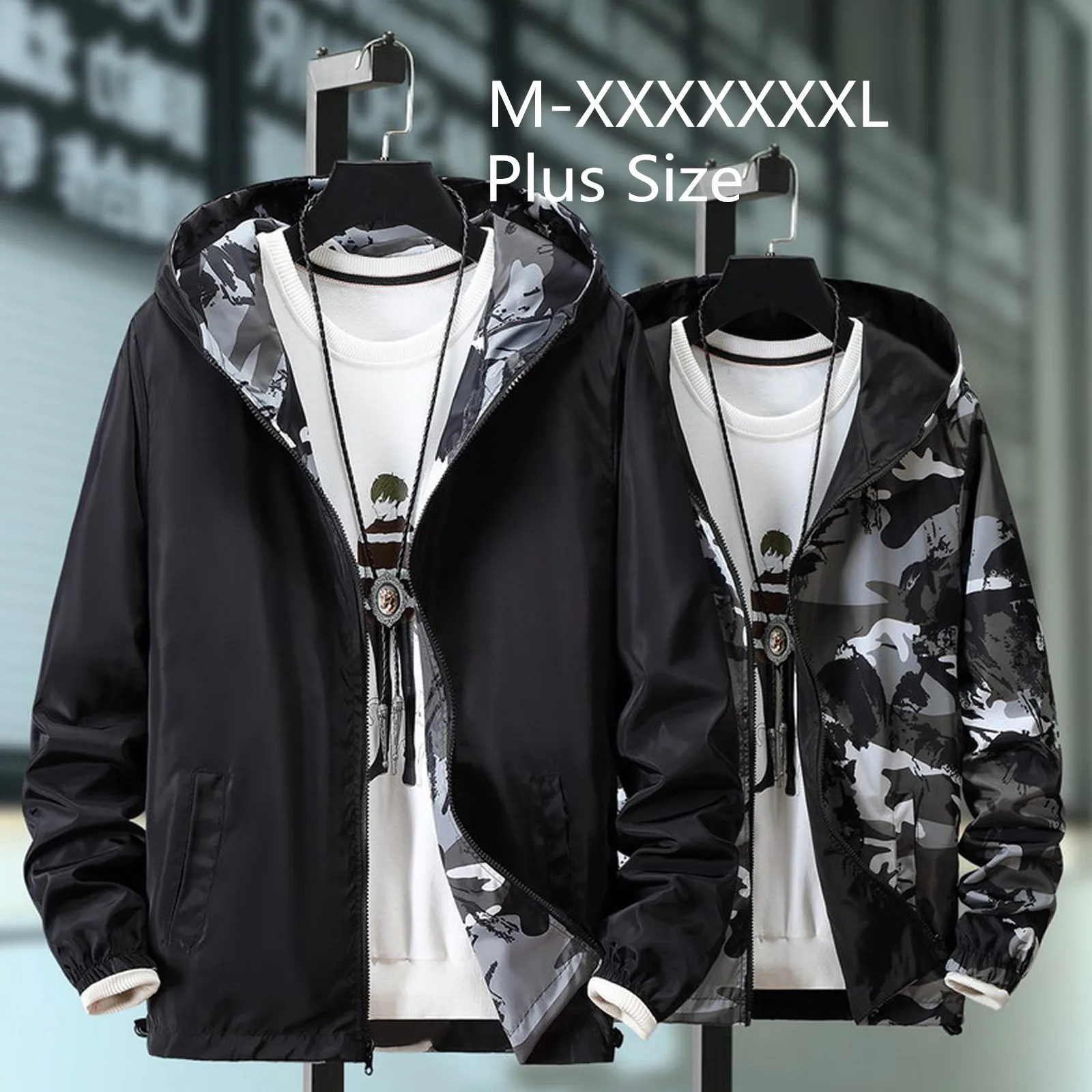 

M-7xl 2021 Streetwear Men's Reversible Jacket Printed Fashion Jacket Men Thin Hooded Jackets Windbreakers Clothing