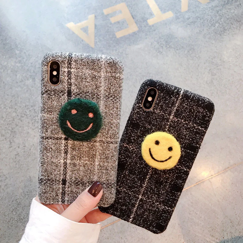 

For iphone 11 pro max cute smile face black gray plaid grid check winter cell phone case cover for iphone 7 8 plus x xr xs max