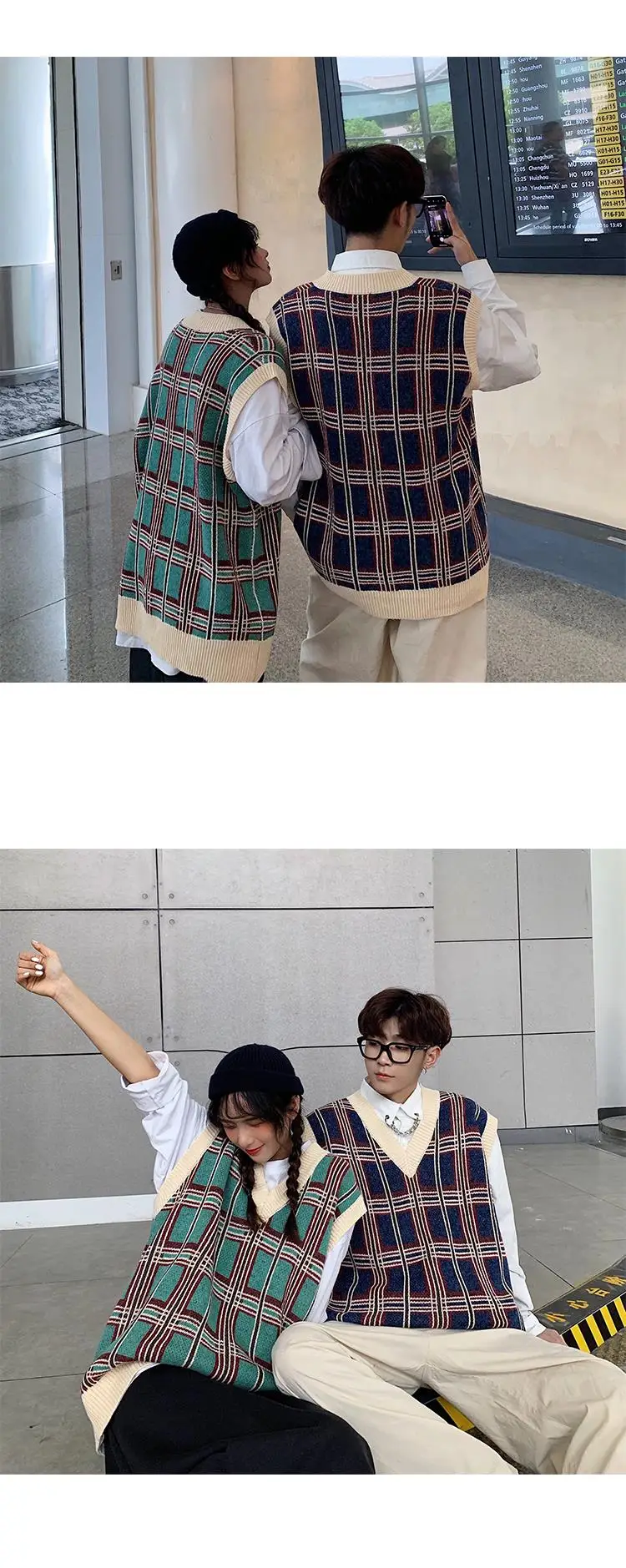 Privathinker Couple Autumn Plaid Pullovers Top Clothes Men Woman Knitted Fashion Vests Lady Sleeveless V-Neck Sweater Vests