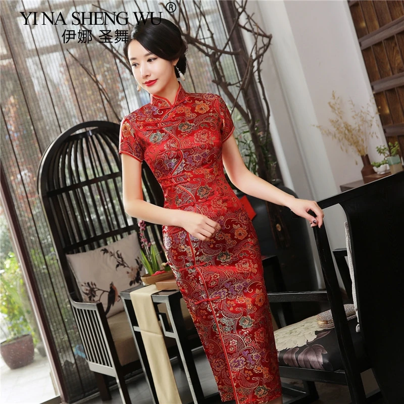 New Tang Suit Cheongsam Long Cheongsam Women Evening Dress Elegant Satin Soft Elegant Tight Dress Traditional Cheongsam 7Colors