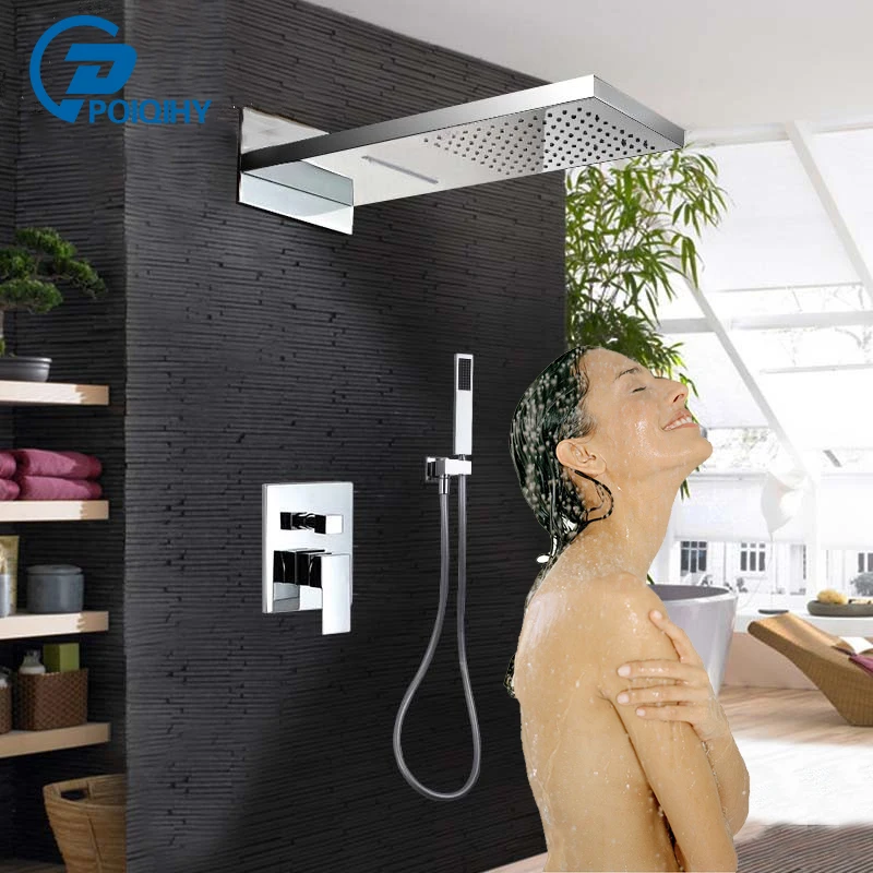 

POIQIHY Bathroom Shower Faucet Set System Chrome Rain Waterfall Square Shower Head Wall Mounted 3-ways Hot Cold Mixer Tap