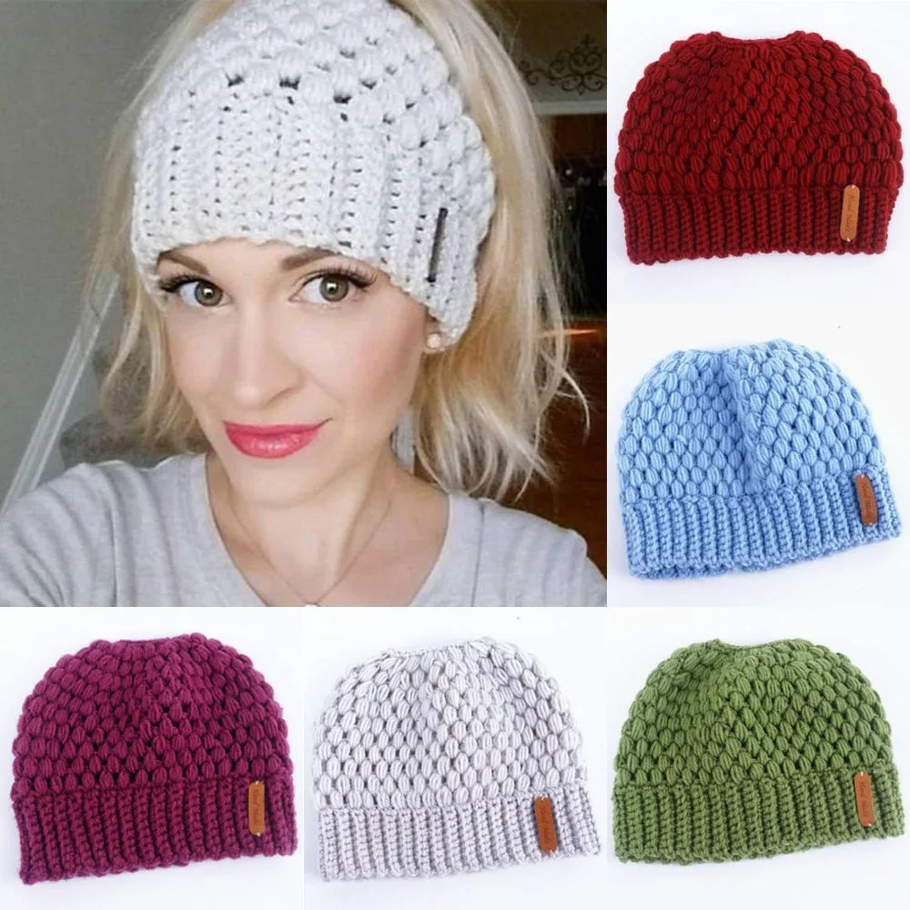 Gestrickte Beanie Mütze Mit Pferdeschwanzöffnung Für Damen_voghion.com
