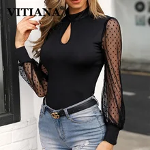 Женское Кружевное боди VITIANA черное облегающее с длинным рукавом