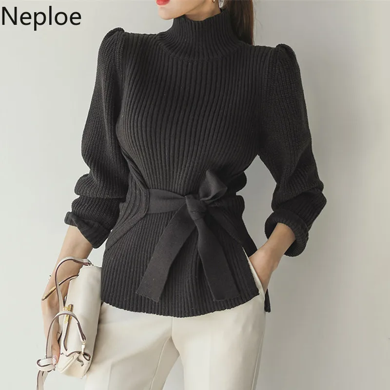 

Neploe Elegant Sweater Women Turtleneck Lace Up Puff Sleeve Slim Tunic Split Sweaters Pullovers Femme Winter Clothes for Women