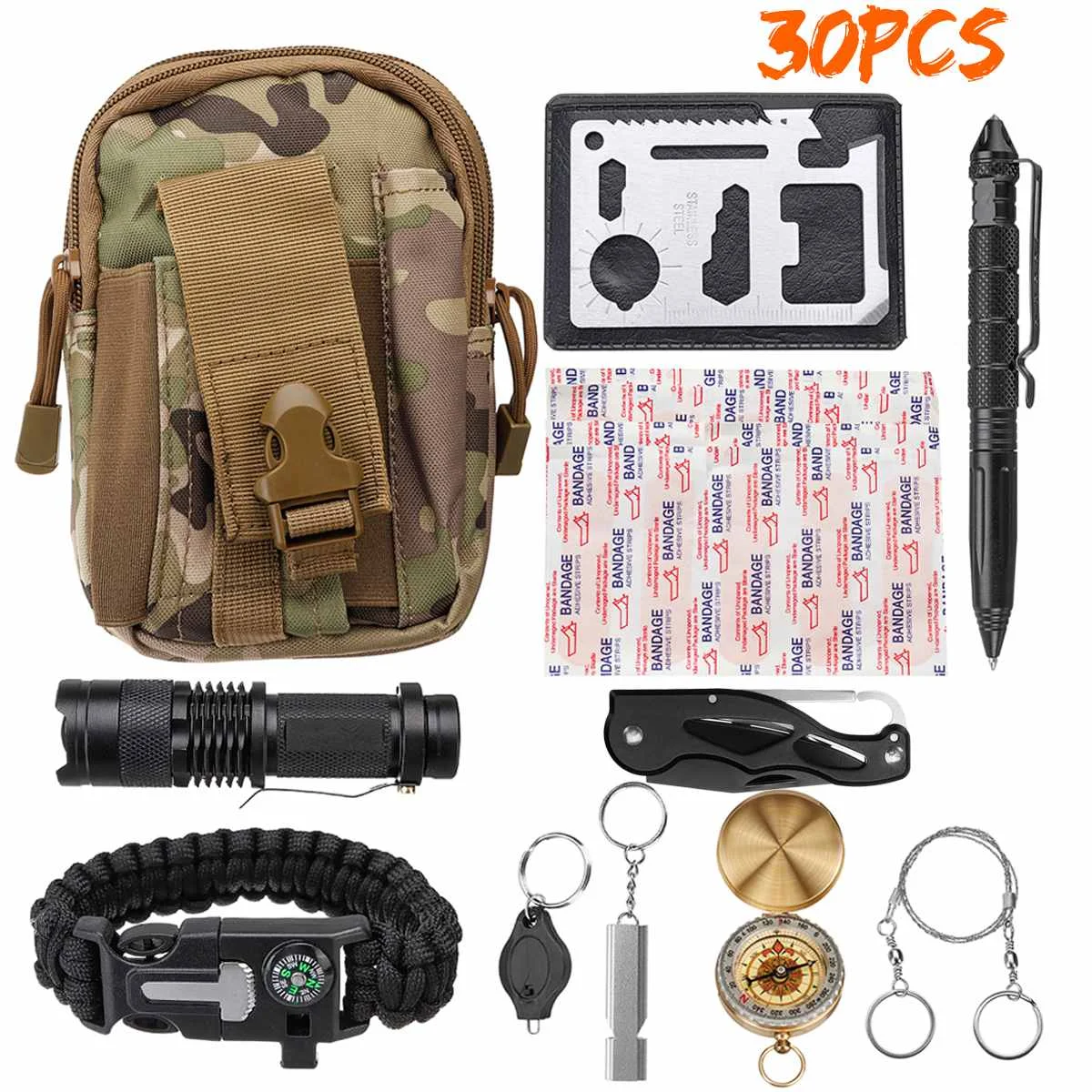 

16/30Pcs One Set First Aid Kits Multifunction Outdoor Emergency SOS Tactical Survive Tools For Wilderness Camping Travel