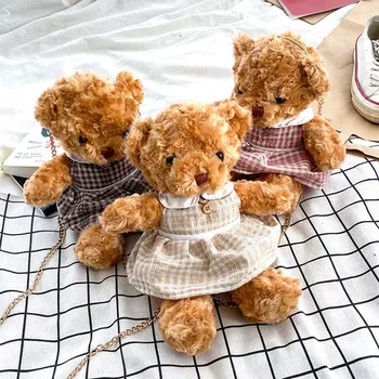 

2020 New Plaid Bear Plush Chain Bag Cute Doll Shoulder Chain Bag Women's Handbag