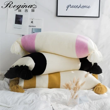 

REGINA Cute Pompoms Decorative Pillowcase Stripe Pure Nature Cotton Knitted Sofa Throw Pillow Cover Beauty Office Cushion Cover
