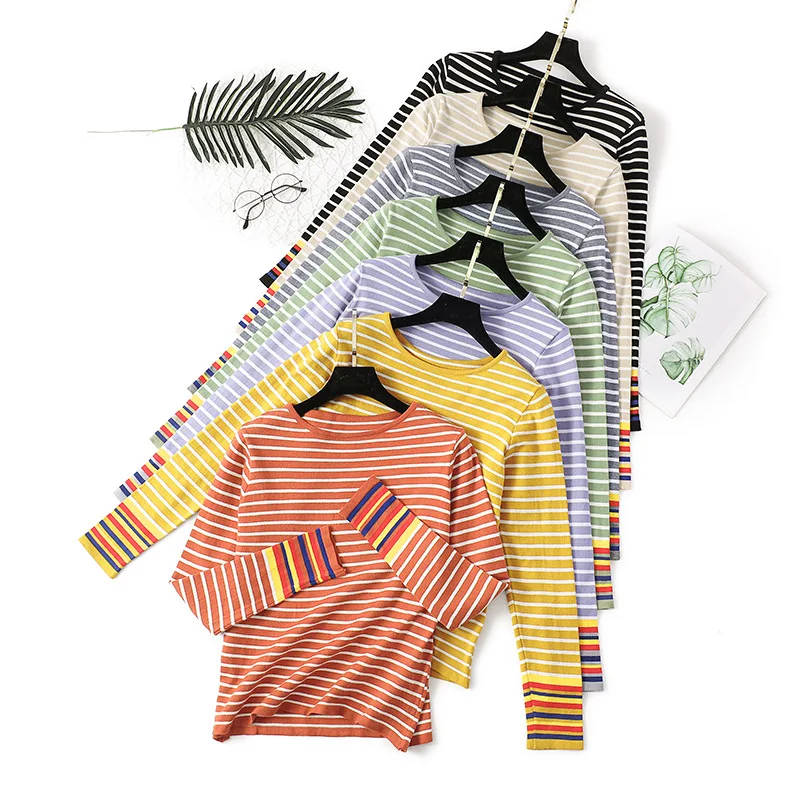 

HLBCBG Striped Sweater O Neck Women High Quality Soft Knitted Sweater Harajuku Pullover Jumper Korean Sweaters Lady Tops