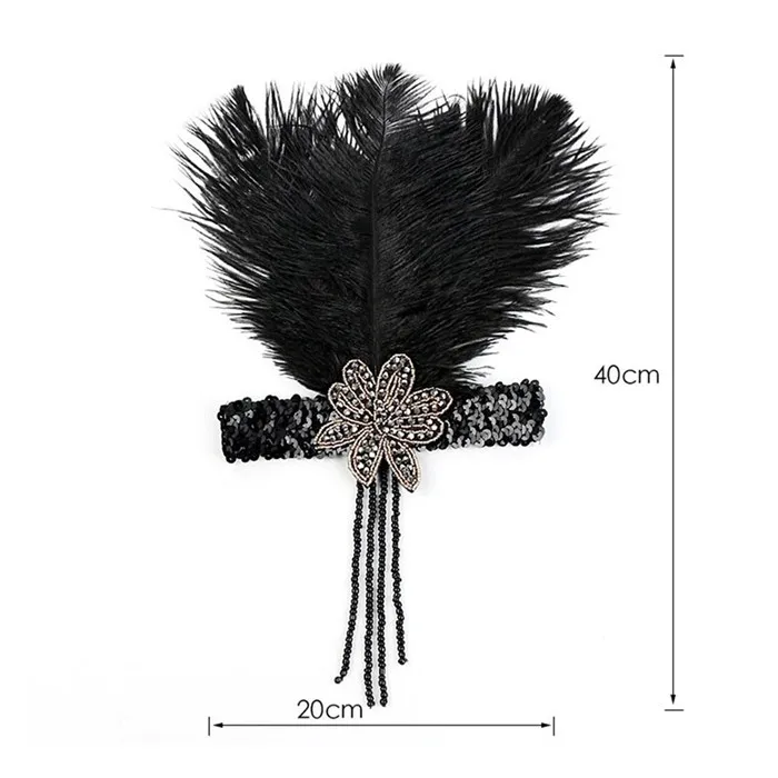 Черный Great Gatsby Headpiece Vintage 1920s Feather Headband Tassels Sequin Charleston Headband Roaring 20s Costume Flapper Accessories - Цвет: Черный