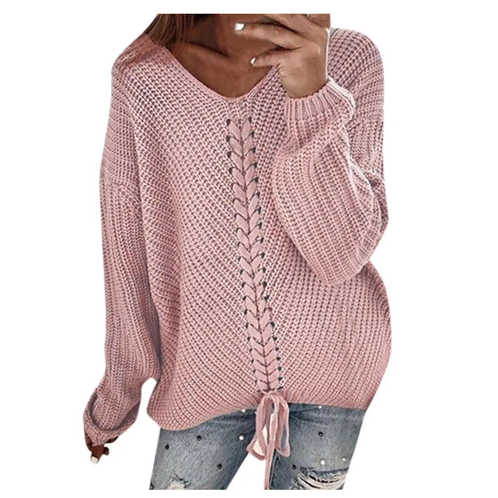 Женский свитер, женский свитер с v-образным вырезом, повседневный однотонный Свободный Топ с длинным рукавом, облегающий пуловер, Джерси, женский свитер - Цвет: Pink