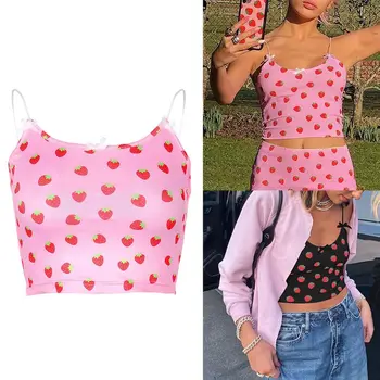 

Women Sexy Spaghetti Strap Crop Top Sweet Strawberry Bowknot Slim Camisole Skirt