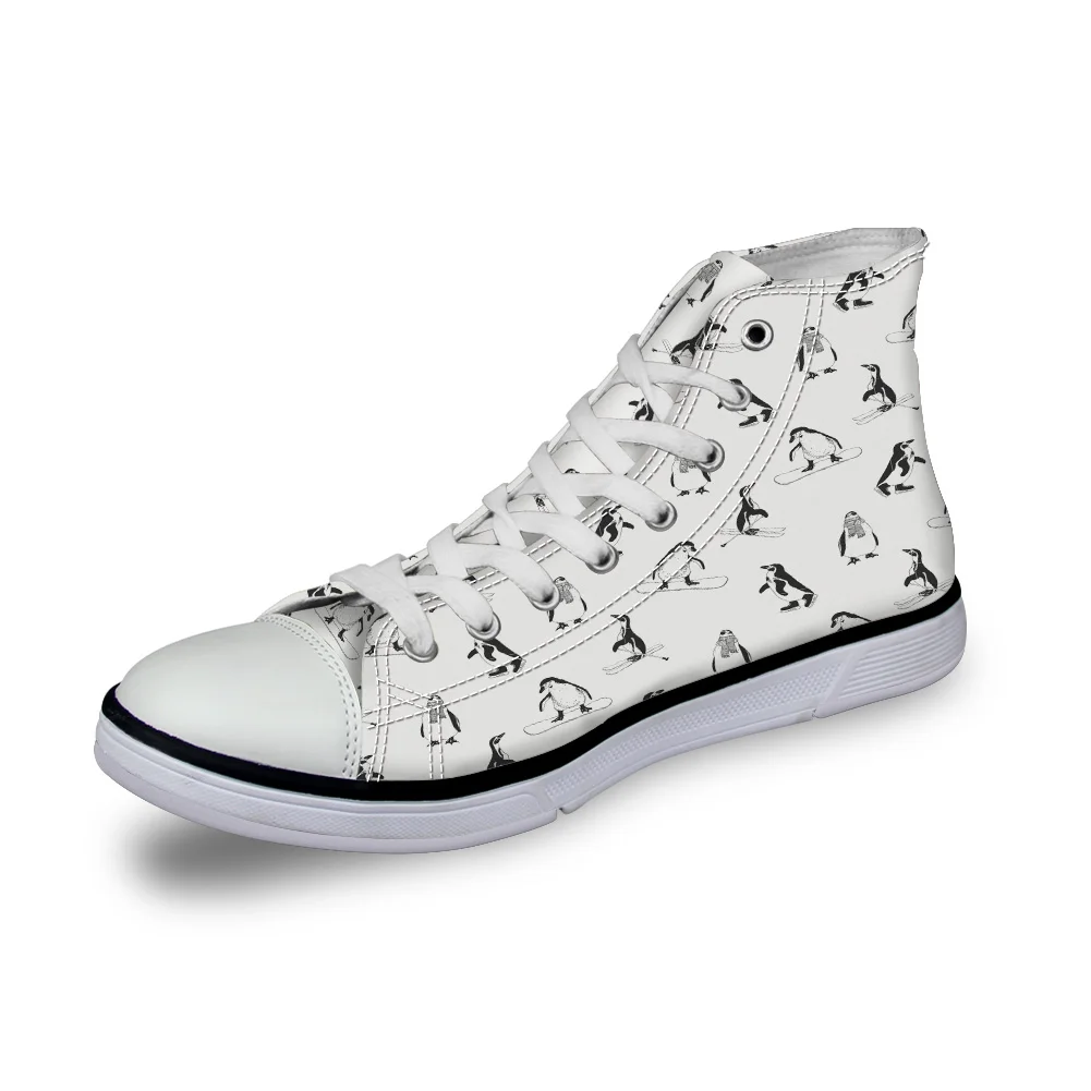 

WHEREISART Women Canvas Shoes Cartoon Skateboard Penguin White High Top Flats Vulcanized Shoes Female Casual Shoes Sneakers