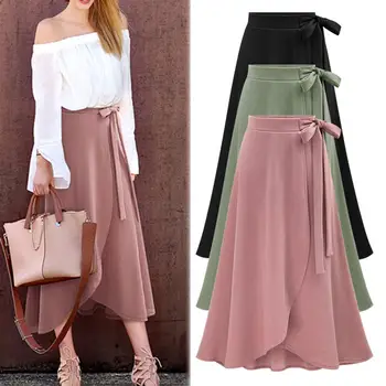 

Women Fashion Solid Color Bandage High Waist Pleated Split Cross Hem Long Skirt