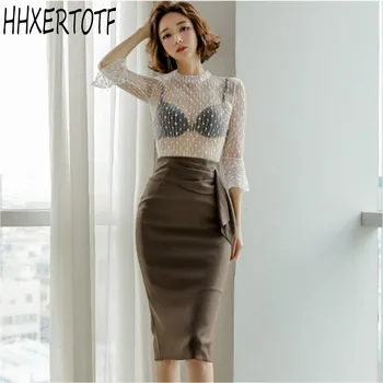 

Spring two piece set women suits Sexy slim Perspective Wave point shirt + high-waisted OL office Package hip skirt sets