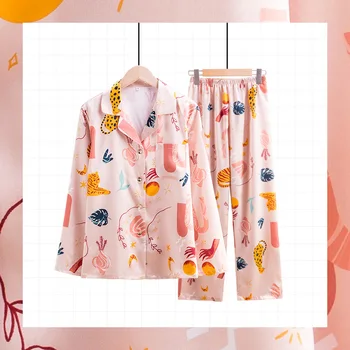 

Faxus Thin Silk Women's Pajamas Summer Long-Sleeved Net Red Ins Wind Cute Two-Piece Summer Leisure Tops Women Women's Homewear