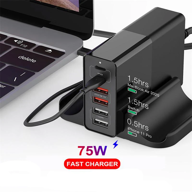 US $22.94 Portable 75W MultiFunction Fast Charging Mobile Phone Charger PD QC30 456 Ports Quick Charger For IPhone Laptop Tablet