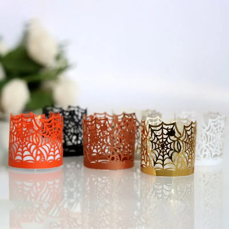 50Pcs Halloween Spider Web Paper Laser Cut Hollow Flameless Tea Light Candle Lampshade Holder Wedding Party Home Decor