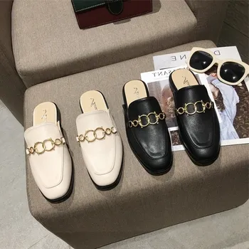 

2020 Summer Women Home Slippers Fashion Mules Round Toe Slip On INS Metal Leather Casual Shoes Black Outside Woman Flat Slipper