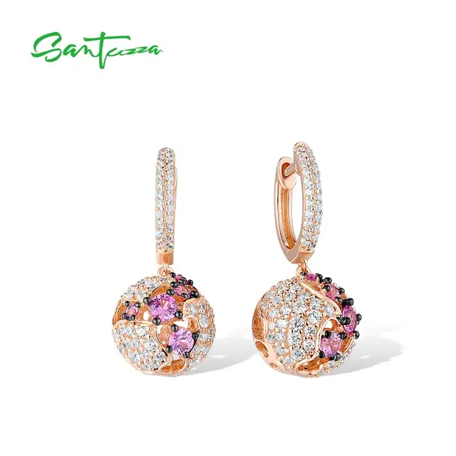 SANTUZZA Pure 925 Sterling Silver Earrings For Women Shiny Created Pink Sapphire White CZ Ball Dangling Earrings Fine Jewelry 1